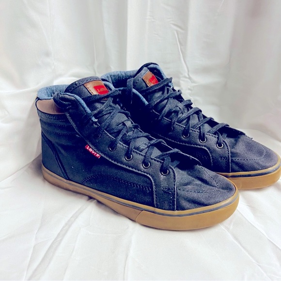 LEVI'S High Top Blue Denim Sneakers Men’s Size 6 Canvas & Tan Leather Levi LOGO - Picture 5 of 12